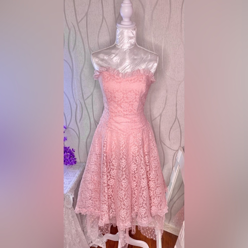 🌷 Algo Boutique 🌷 Vintage Light Pink Lace Crinoline A Line Strapless Dress